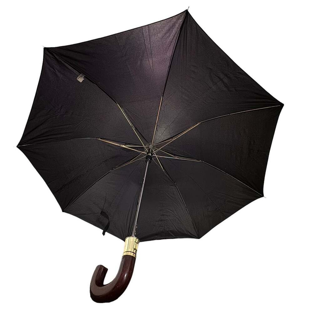 Auto Open Sub Compact Umbrella Black Wood-style Handle Nylon Gold Colour Trim
